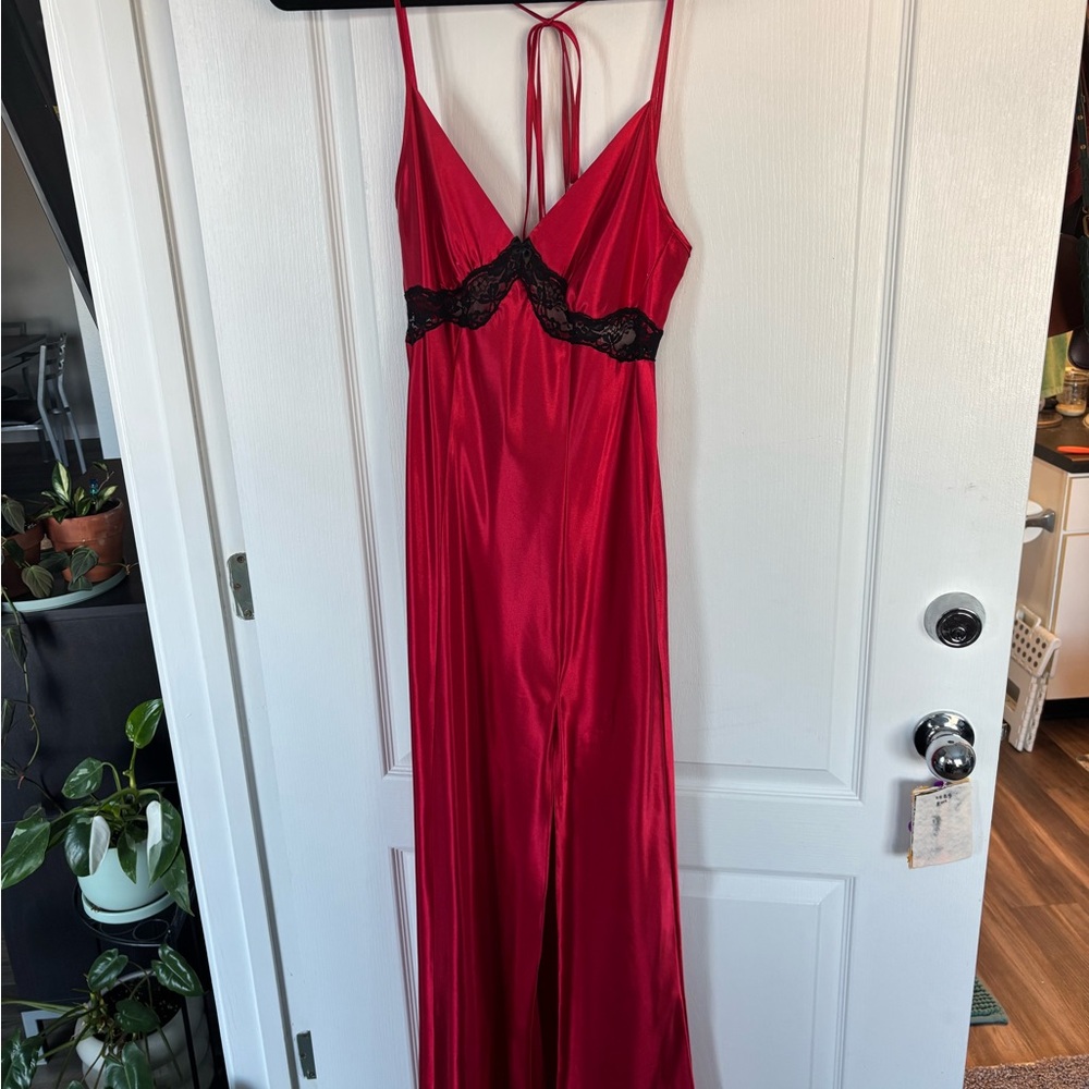 Frederick's of Hollywood Red Satin maxi slip dress with Black Lace